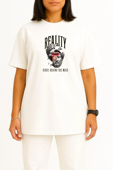 Oversize Gerçekler Maskenin Arkasında  Saklanıyor - Evrim Maymun Göğüs Baskılı Unisex T-Shirt - Resim 5