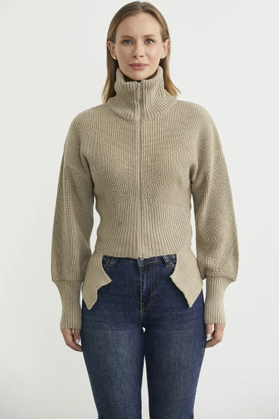 Dik Yaka Fermuarlı Bel Detaylı Triko Hırka - Vizon - Resim 2