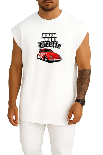 Oversize Vw Beetle Retro Alevli Göğüs Baskılı Atlet - Resim 3