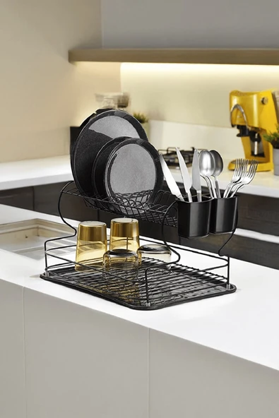 2 Katlı Siyah Bulaşıklık – Dayanıklı Paslanmaz Termoplastik Kaplama Bulaşık Sepeti, Tepsili, Tabak ve Kaşık Kurutmalık - (TB-02 E) ürün görseli