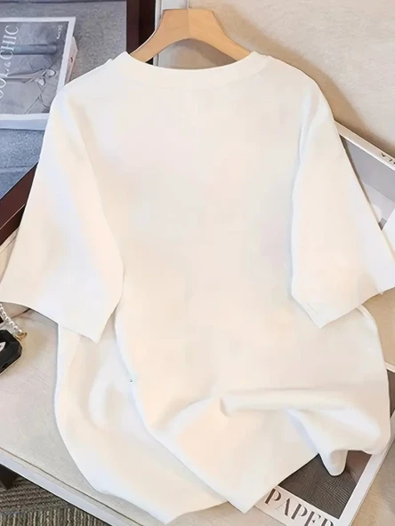 Baskılı Oversize Bisiklet Yaka T-shirt - Beyaz - Resim 3