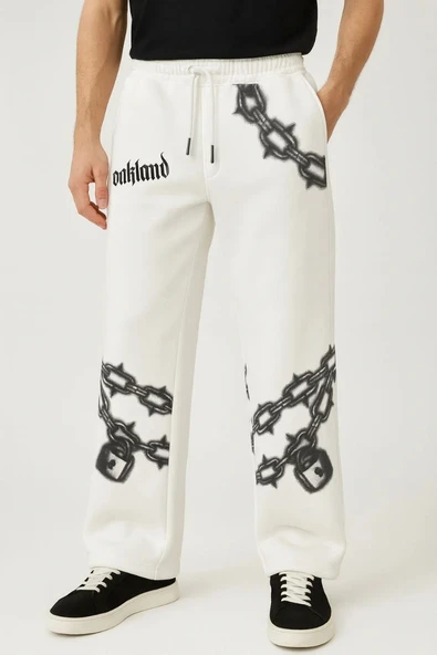 Erkek Üç İplik Pamuklu Baskılı Cepli Jogger Buggy Pantalon Oversize Kalıp - Beyaz - Resim 2