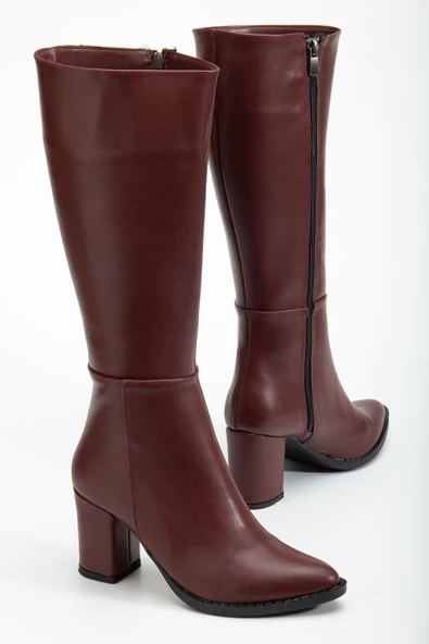 YSN-4422 Bordo Cilt Topuklu Kadın Çizme - Resim 4
