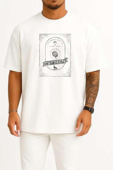 Oversize Göktürkçe Atatürk Yazısı Göğüs Baskılı Unisex T-Shirt - Resim 10