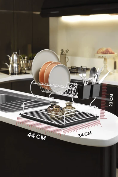 2 Katlı Beyaz Bulaşıklık – Dayanıklı Paslanmaz Termoplastik Kaplama Bulaşık Sepeti, Tepsili, Tabak ve Kaşık Kurutmalık - (TB-02 E) - Resim 2