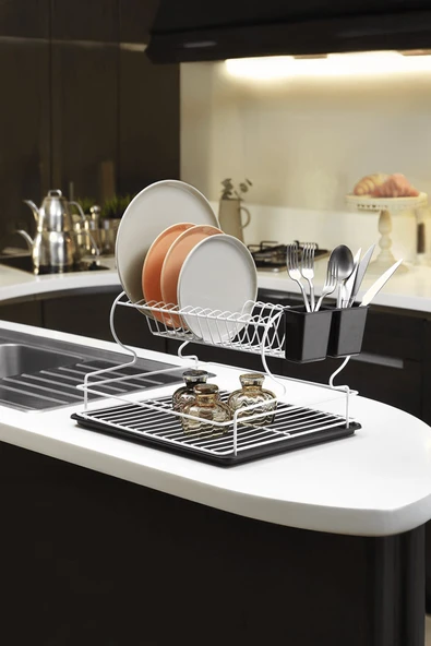 2 Katlı Beyaz Bulaşıklık – Dayanıklı Paslanmaz Termoplastik Kaplama Bulaşık Sepeti, Tepsili, Tabak ve Kaşık Kurutmalık - (TB-02 E) ürün görseli