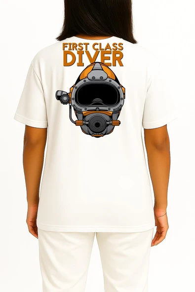 Oversize First Class Diver Cep ve Sırt Baskılı Unisex T-Shirt - Resim 4