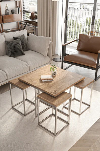 Orta Sehpa , Lizbon 4 1 , Kare Pizza Sehpa Takımı , Gümüş Metal - Atlantik Çam Tabla ürün görseli