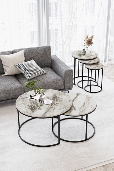 Orta Sehpa , Paris 2'li Orta Sehpa Takımı , Siyah Metal - Beyaz Mermer Tabla - Resim 2