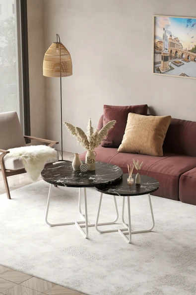 Orta Sehpa , Üsküp 2'li Orta Sehpa Takımı , Beyaz Metal - Siyah Mermer Tabla ürün görseli