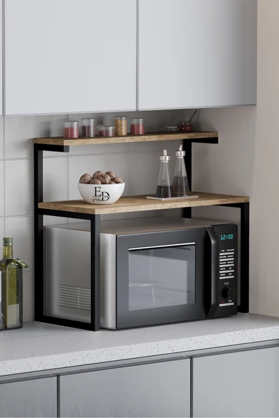 Akik 2 Raflı Metal Çok Amaçlı Mutfak Rafı / Tezgah Üstü Raf Siyah Metal - Atlantik Çam Tabla ürün görseli