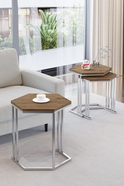 Zigon Sehpa , Tokyo 3'lü Zigon Takımı , Gümüş Metal - Atlantik Çam Tabla - Resim 2