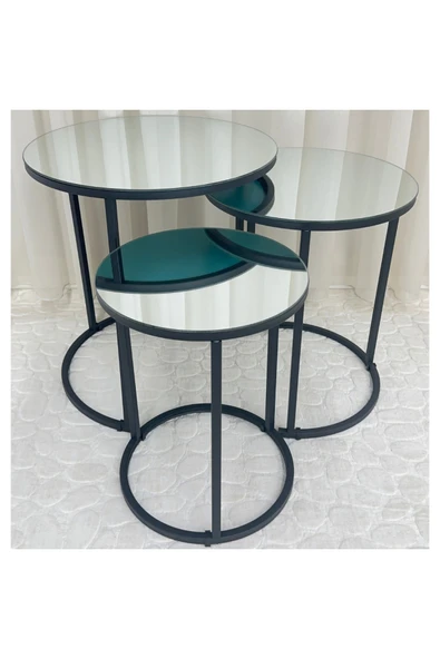 Zigon Sehpa , Paris 3'lü Camlı C Zigon Sehpa Takımı , Siyah Metal - Aynalı Cam - Resim 2