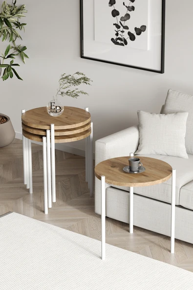 Zigon Sehpa , Nice 4'lü Zigon Sehpa Takımı , Beyaz Metal - Atlantik Çam Tabla - Resim 2