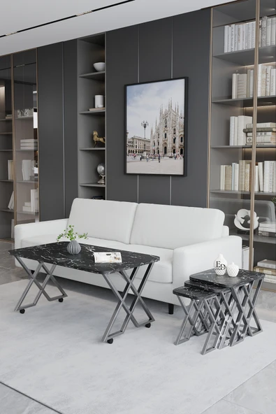 Zigon Sehpa , Milano 3'lü Zigon Sehpa Takımı , Gümüş Metal - Siyah Mermer Tabla - Resim 2
