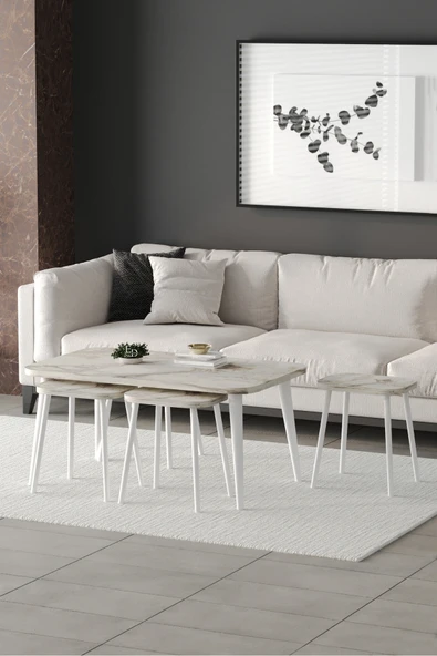 Zigon ve Orta Sehpa 5'li Takım , Metal Ayaklı , Roma 4+1 Sehpa , Beyaz Metal - Beyaz Mermer Tabla - Resim 2