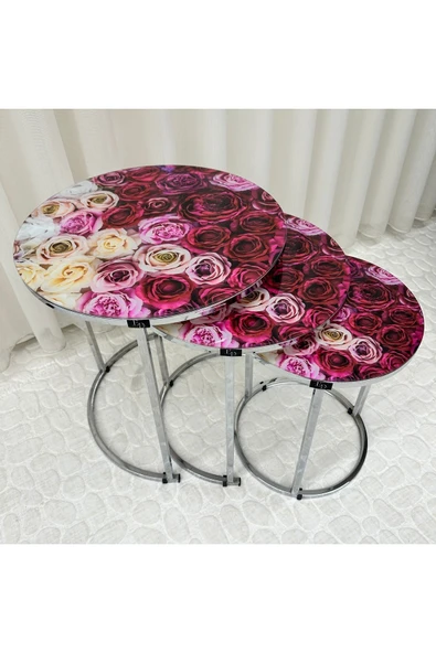 Zigon Sehpa , Paris 3'lü Camlı C Zigon Sehpa Takımı , Gümüş Metal - Cam-96 - Resim 5