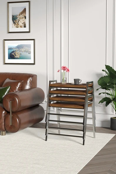 Zigon Sehpa , Aden 4'lü Tepsi Zigon Sehpa Takımı Gümüş Metal - Barok Tabla - Resim 3