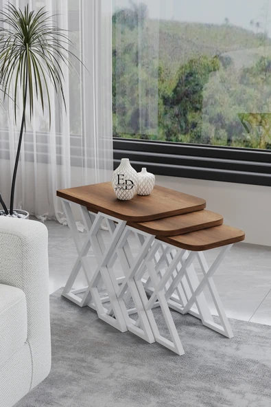 Zigon Sehpa , Milano 3'lü Zigon Sehpa Takımı , Beyaz Metal - Barok Tabla ürün görseli