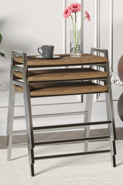 Zigon Sehpa , Aden 3'lü Tepsi Zigon Sehpa Takımı Gümüş Metal - Atlantik Çam Tabla ürün görseli