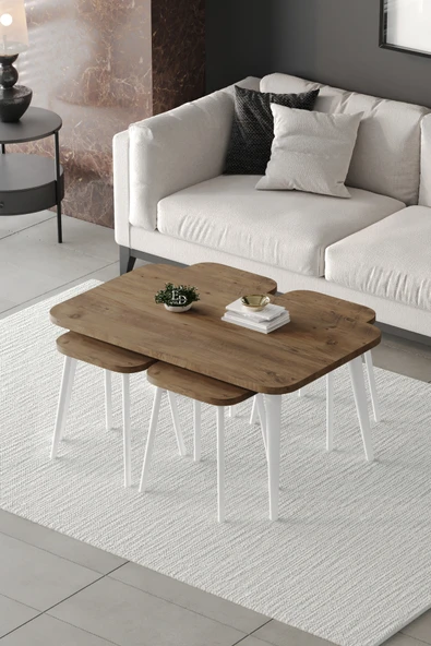 Zigon ve Orta Sehpa 5'li Takım , Metal Ayaklı , Roma 4+1 Sehpa , Beyaz Metal - Atlantik Çam Tabla ürün görseli