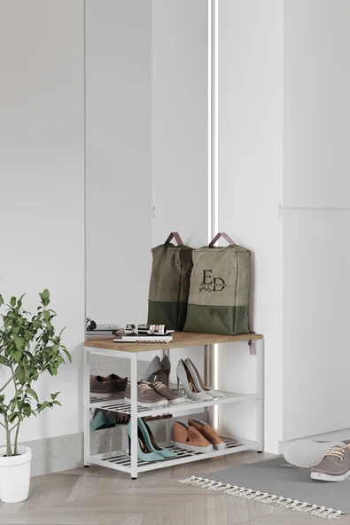 Ayakkabılık , Düzenleyici , Ruby 3 Raflı Ayakkabılık , Beyaz Metal - Atlantik Çam Tabla ürün görseli