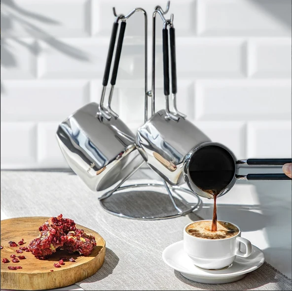 Nehir Modern Askı Standlı 4 Parça Çelik Cezve Seti ürün görseli