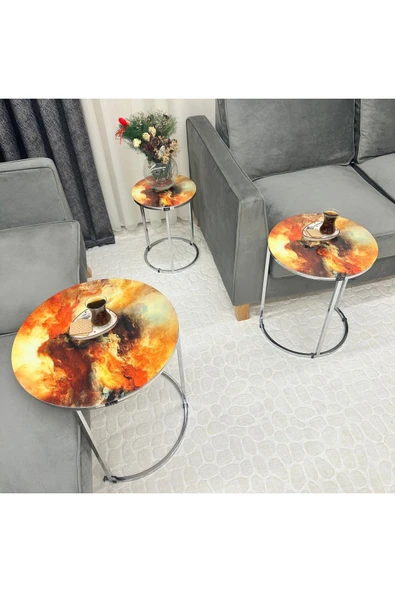 Zigon Sehpa , Paris 3'lü Camlı C Zigon Sehpa Takımı , Gümüş Metal - Cam-95 - Resim 5