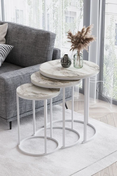 Zigon Sehpa , Paris 3'lü C Zigon Sehpa Takımı , Beyaz Metal - Beyaz Mermer Tabla ürün görseli