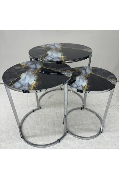 Zigon Sehpa , Paris 3'lü Camlı C Zigon Sehpa Takımı , Gümüş Metal - Cam-93 - Resim 3