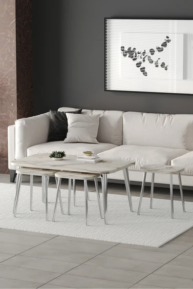 Zigon ve Orta Sehpa 5'li Takım , Metal Ayaklı , Roma 4+1 Sehpa , Gümüş Metal - Beyaz Mermer Tabla - Resim 2