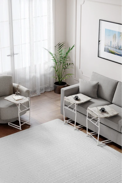 Zigon Sehpa , Miami 3'lü Zigon Sehpa Takımı , Beyaz Metal - Beyaz Mermer Tabla - Resim 2