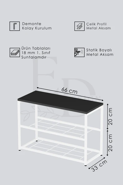 Ayakkabılık , Düzenleyici , Ruby 3 Raflı Ayakkabılık , Beyaz Metal - Beyaz Tabla - Resim 3