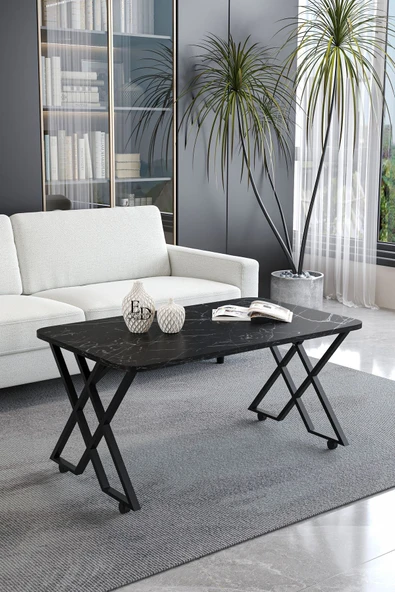 Orta Sehpa , Milano Tekerlekli Orta Sehpa , Siyah Metal - Siyah Mermer Tabla ürün görseli