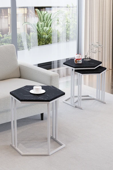 Zigon Sehpa , Tokyo 3'lü Zigon Takımı , Beyaz Metal - Siyah Mermer Tabla - Resim 2