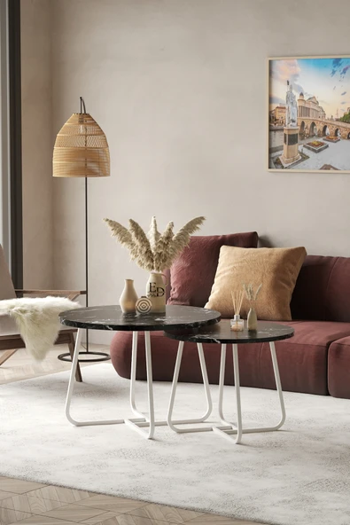 Orta Sehpa , Üsküp 2'li Orta Sehpa Takımı , Beyaz Metal - Siyah Mermer Tabla - Resim 2