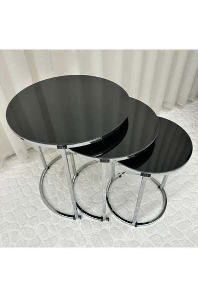 Zigon Sehpa , Paris 3'lü Camlı C Zigon Sehpa Takımı , Gümüş Metal - Siyah Cam - Resim 3