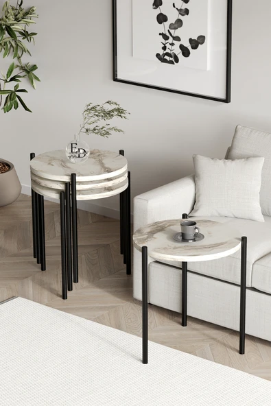 Zigon Sehpa , Nice 4'lü Zigon Sehpa Takımı , Siyah Metal - Beyaz Mermer Tabla - Resim 2