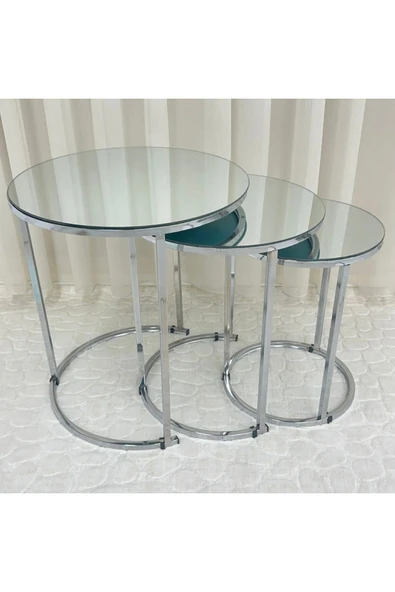 Zigon Sehpa , Paris 3'lü Camlı C Zigon Sehpa Takımı , Gümüş Metal - Aynalı Cam - Resim 3