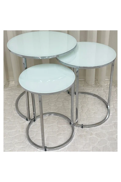 Zigon Sehpa , Paris 3'lü Camlı C Zigon Sehpa Takımı , Gümüş Metal - Beyaz Cam - Resim 2