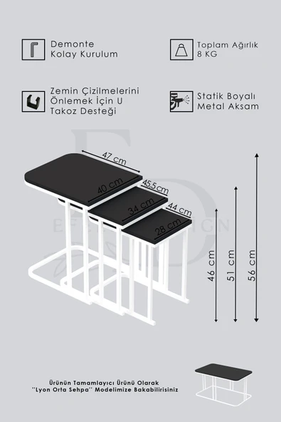 Zigon Sehpa , Lyon 3'lü C Zigon Sehpa Takımı , Siyah Metal - Barok Tabla - Resim 5