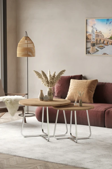 Orta Sehpa , Üsküp 2'li Orta Sehpa Takımı , Gümüş Metal - Atlantik Çam Tabla - Resim 2