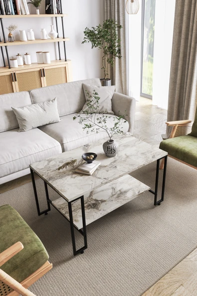 Orta Sehpa , Nury Tekerlekli Orta Sehpa Takımı , Siyah Metal - Beyaz Mermer Tabla ürün görseli