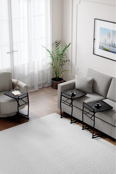 Zigon Sehpa , Miami 3'lü Zigon Sehpa Takımı , Siyah Metal - Siyah Mermer Tabla - Resim 2