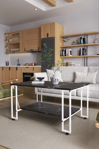 Orta Sehpa , Nury Tekerlekli Orta Sehpa Takımı , Beyaz Metal - Siyah Mermer Tabla - Resim 2