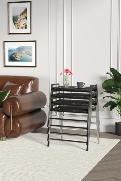 Zigon Sehpa , Aden 4'lü Tepsi Zigon Sehpa Takımı Gümüş Metal - Siyah Mermer Tabla - Resim 3