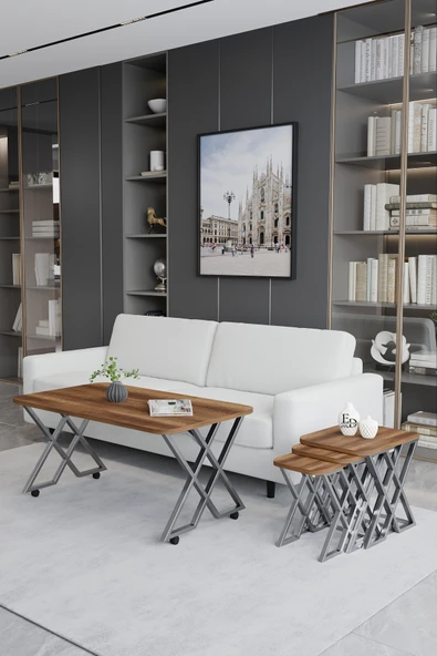 Zigon Sehpa , Milano 3'lü Zigon Sehpa Takımı , Gümüş Metal - Barok Tabla - Resim 2