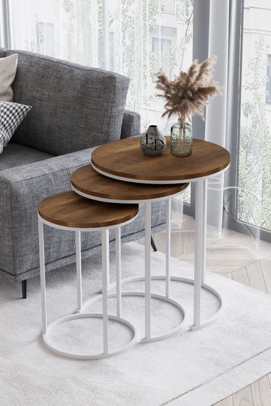 Zigon Sehpa , Paris 3'lü C Zigon Sehpa Takımı , Beyaz Metal - Barok Tabla ürün görseli