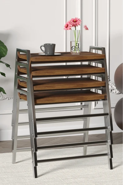 Zigon Sehpa , Aden 4'lü Tepsi Zigon Sehpa Takımı Gümüş Metal - Barok Tabla - Resim 2