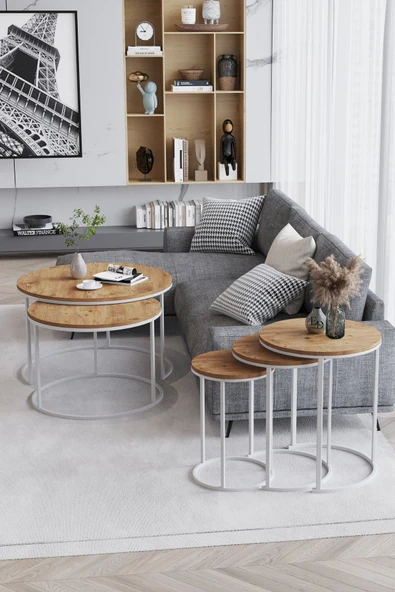 Zigon Sehpa , Paris 3'lü C Zigon Sehpa Takımı , Beyaz Metal - Atlantik Çam Tabla - Resim 2